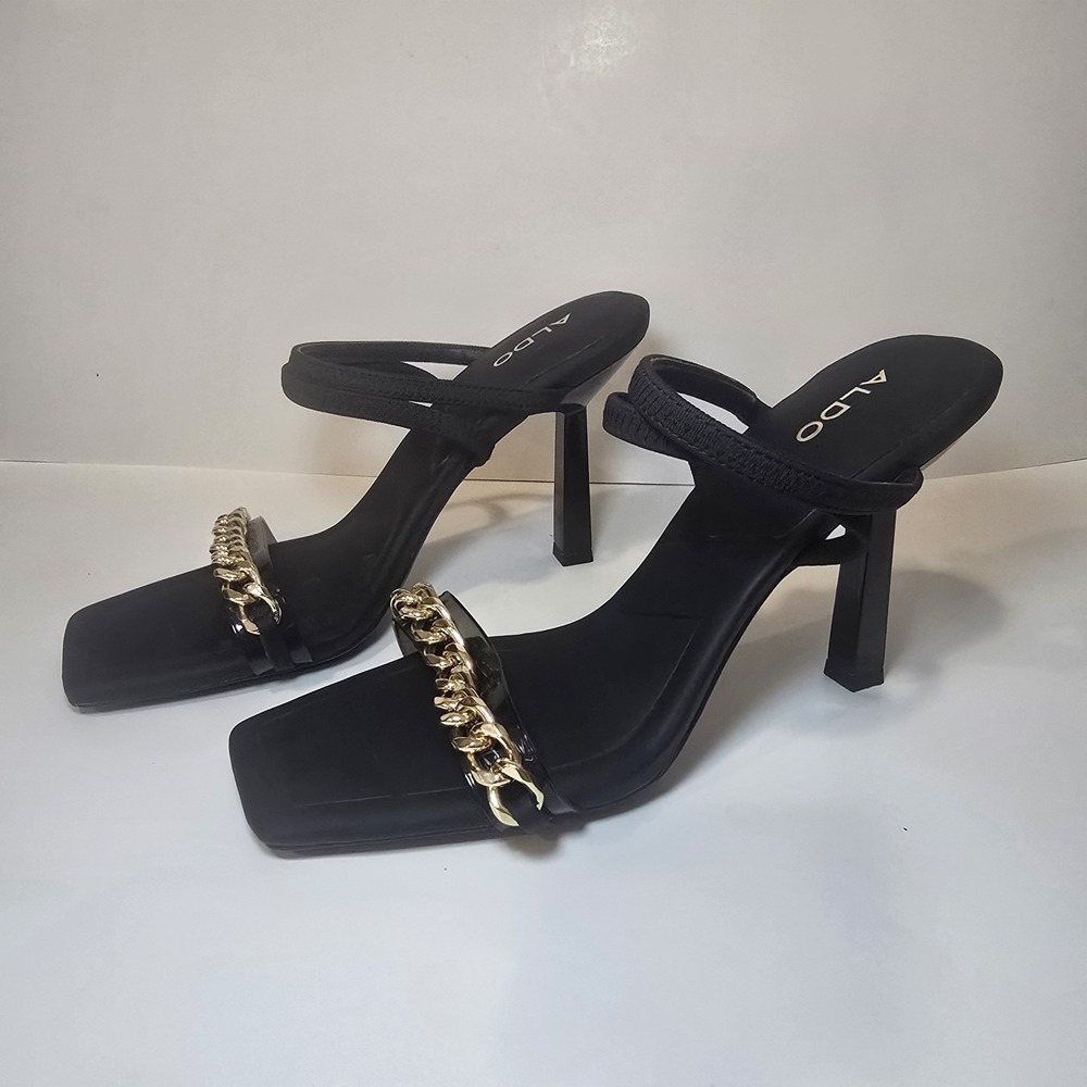 ALDO Black Gold Chain Strappy Square Toe Heels Sandals Women's 8.5 Y2K